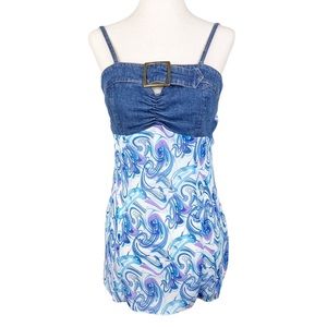 Vintage Y2K Metro Style Stretch Denim Buckle Tank Blue Purple Printed Scarf Top